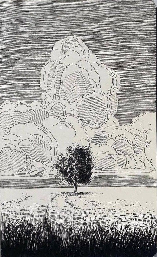 a black and white pen and ink drawing of a landscape with a tree in a field. the field has tall grass in the foreground and a path leading to the tree. above the field are puffy, detailed clouds. the sky is filled with horizontal lines.