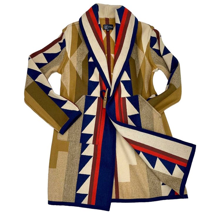 this is a colorful women's cardigan with a shawl collar and a geometric tribal pattern. the cardigan is longsleeved and made of a comfortable and warm fabric, making it perfect for fall or winter. it is a versatile piece that can be dressed up or down, and it is sure to be a statement piece in any wardrobe.  the cardigan is open in the front and has a tie closure. the cardigan is made of a soft, knitted fabric and has a relaxed fit.