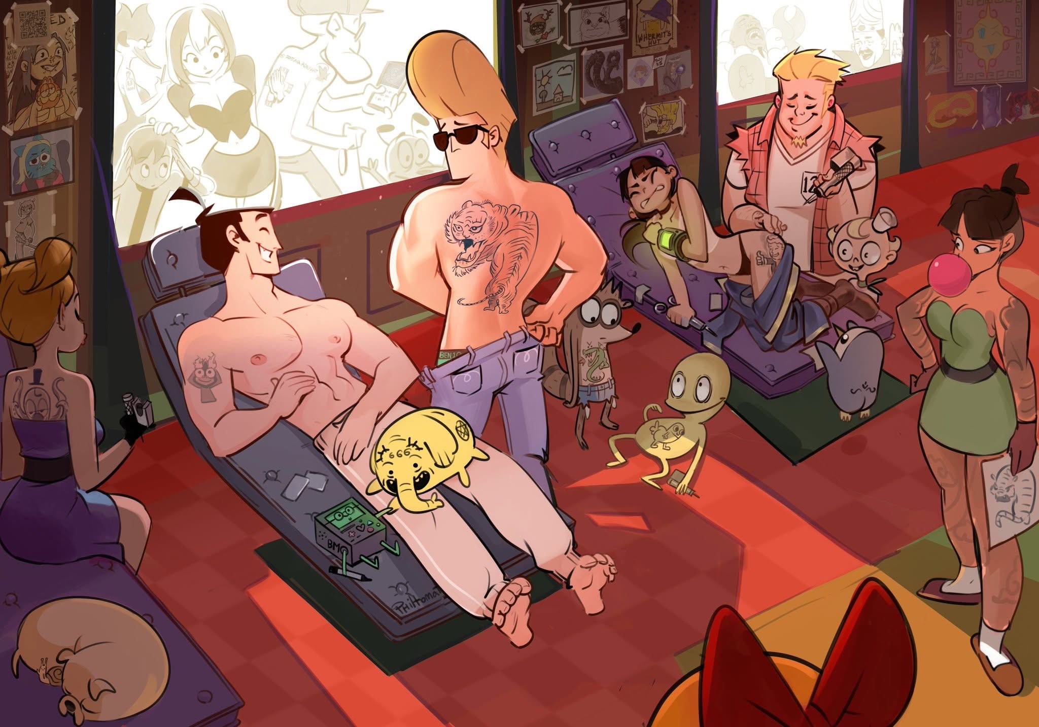 a cartoon crossover image of various cartoon characters at a tattoo parlor. samurai jack is lying on a tattoo table getting a tattoo, while johnny bravo stands nearby with a tiger tattoo on his chest. other characters like rigby from regular show, finn from adventure time, and others are present with tattoos. cartoonthemed posters and drawings adorn the walls, and cartoon characters are providing the tattoos as well.