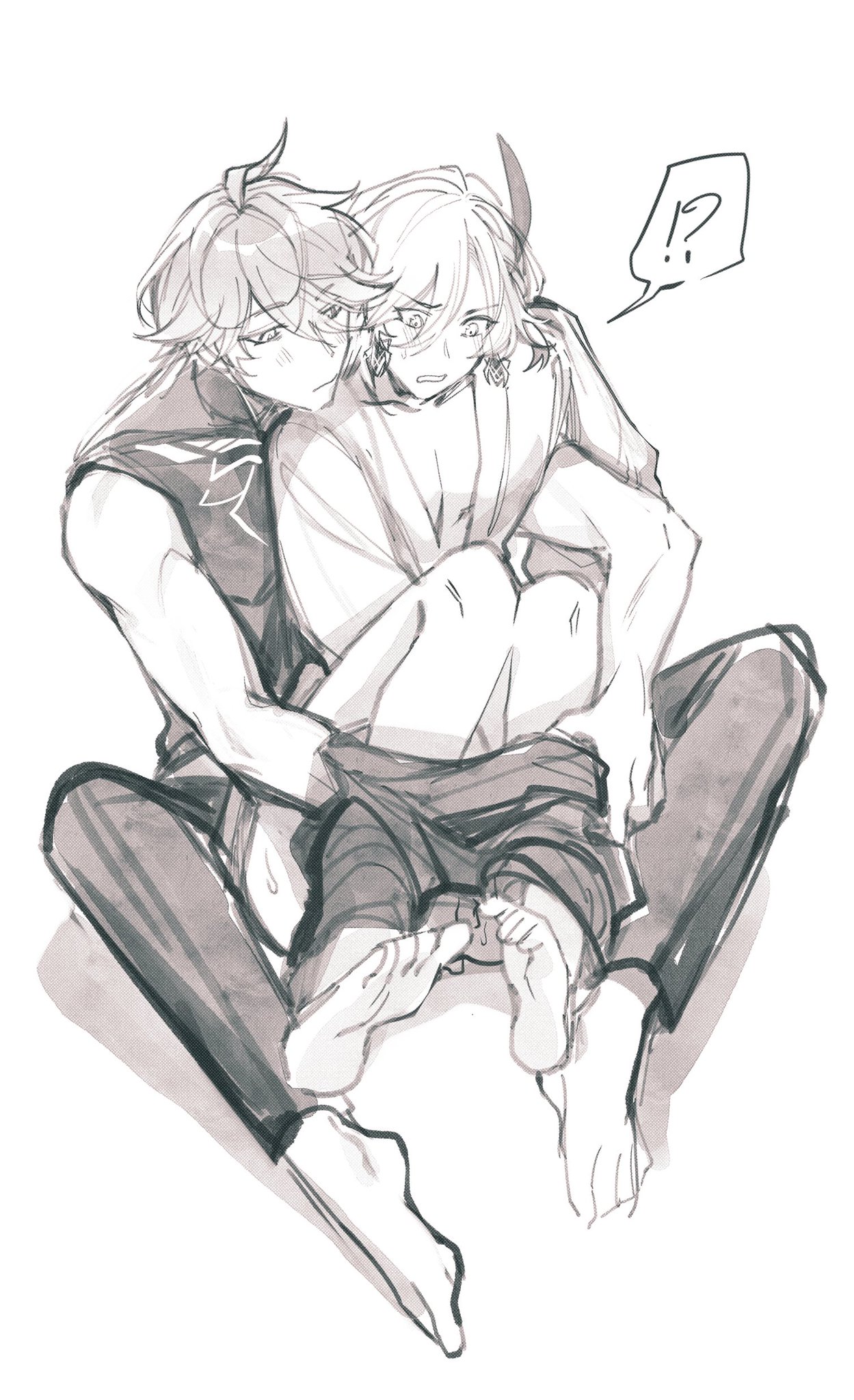 this is a grayscale drawing of two anime characters. they are embracing each other. one character is a man with long, messy hair. he is wearing a dark top with a collar and has a dark outline around his arm. he is holding a surprisedlooking, blonde, female character in a white outfit with a thin black collar. she has her arms around his shoulders, and she is holding onto the back of his neck with her right hand. her expression suggests she is scared or worried. the man has a neutral expression. there is a thought bubble with an exclamation point in it above their heads. the background is plain.