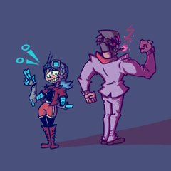 two stylized characters stand posing against a dark blue background. the character on the left is a woman with blue skin and hair. she has robotic arms and legs and wears a red and white outfit. the character on the right is taller and wears a pink suit and a helmet that obscures their face. the lighting suggests a spotlight effect, highlighting the characters against the dark background. the overall style is dynamic and expressive, typical of cartoon or comic book art.