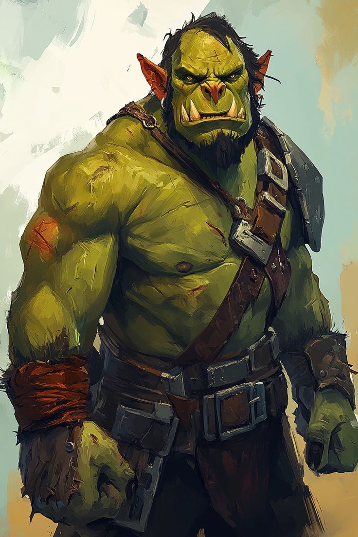he image is a digital painting depicting a powerful, muscular orc warrior. the orc is greenskinned with noticeable scars and battle wounds across his body. he has large tusks, pointed ears, and a stern, aggressive expression. he is wearing leather armor consisting of a belt with several buckles and pouches, and a shoulder strap. the orc's build is imposing, highlighting his strength and fitness for battle. the background is a muted, painterly style, with tones of beige and light blue, drawing focus to the detailed orc in the center. the style of the artwork is highly realistic and detailed, giving the orc a tangible and almost lifelike quality.