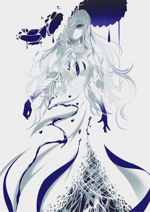a digital illustration of a girl with long white hair wearing a white dress. the dress is adorned with intricate patterns. her pale skin and white attire are juxtaposed with dripping blue ink that stains her clothing. the background is minimal, further emphasizing the contrast between the pristine white and the striking blue.