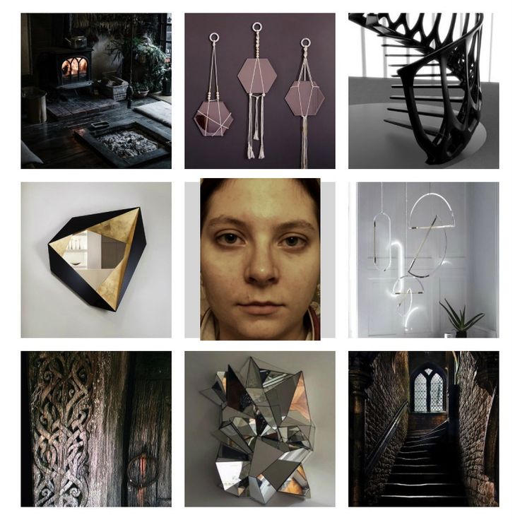 the image is a collage of 9 different interior design elements. the top left image shows a dark and moody room with a fireplace and a wooden floor. the top middle image shows three hanging geometric mirrors with a macramelike rope. the top right image shows a black and white photo of a modern staircase. the middle left image shows a geometric gold and black mirror. the middle middle image shows a portrait of a young woman with a neutral expression. the middle right image shows a white wall with a geometric light fixture hanging from the ceiling. the bottom left image shows a closeup of a wooden panel with a carved pattern. the bottom middle image shows a geometric mirror with a silver frame. the bottom right image shows a dark hallway with a stone staircase. the overall aesthetic of the collage is modern, dark and moody.