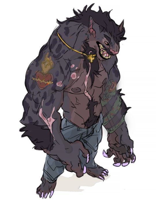 the image is a digital drawing or painting of an anthropomorphic hyena character. the creature is powerfully built with large muscles, dark grey fur, and sharp claws. it has tattoos on its arms, including what appears to be a sacred heart. it wears jeans and a gold necklace. the hyena’s expression is fierce and slightly menacing. the style is somewhere between cartoonish and realistic, with visible shading and attention to musculature but also stylized features. the background is plain white, focusing attention on the character.