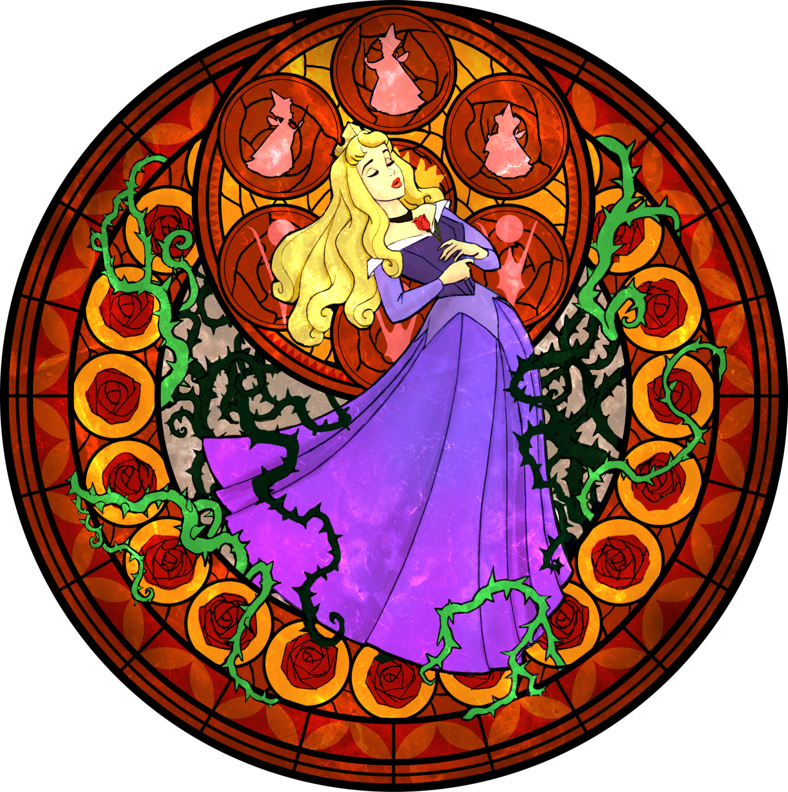a stained glass illustration of princess aurora from disney's sleeping beauty. she is depicted in her iconic pink gown, eyes closed in a peaceful sleep. thorny vines, symbolic of the curse upon her, entwine around her and the surrounding roses. three smaller figures, likely representing the good fairies, appear in the background within the circular frame. the overall aesthetic evokes a sense of magic and enchantment, characteristic of the classic fairytale.