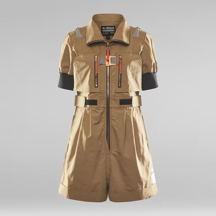 a brown jumpsuit with short sleeves, a zipper up the front, and a black belt. it has several pockets and a label on the left leg that reads "gstar originals". the background is gray.  the image is most likely a product photo.