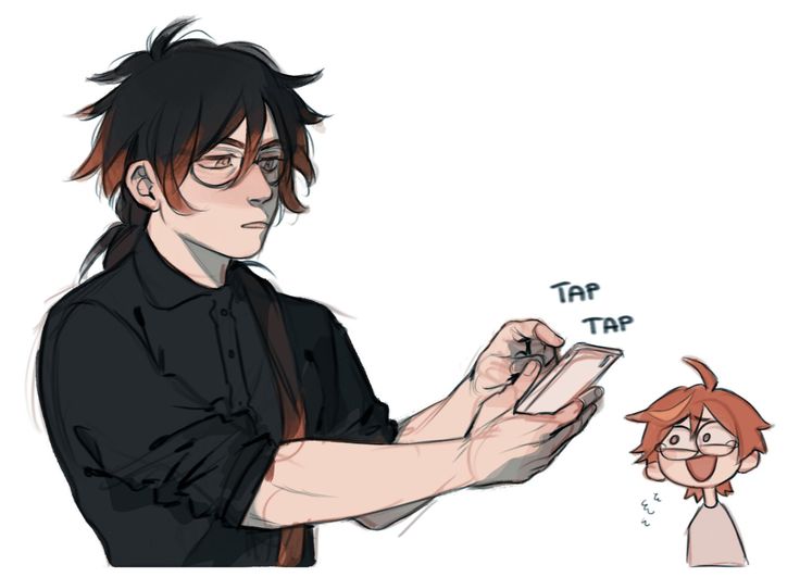 he image is a digital drawing featuring two animestyle characters. the main character is a young man with dark hair styled in a loose ponytail and reddishbrown highlights, wearing round glasses and a dark buttonup shirt. he is shown from the chest up, using a smartphone.  a smaller character, a girl with bright orange hair wearing glasses, appears to be watching him and is reacting happily. the words "tap tap" are written above the phone, indicating the sound of the man typing.  the art style is loose and sketchy, with visible brushstrokes and shading. the overall mood is lighthearted and playful.