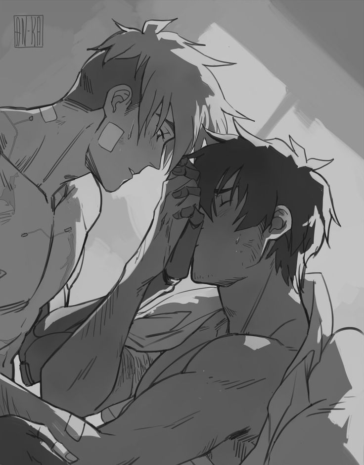 the image is a grayscale animestyle drawing depicting two young men in a tender embrace.  one man appears to be partially cybernetic or enhanced with technological elements, indicated by subtle lines on his body. both men show signs of injury, with bandages visible on their faces and bodies. they are leaning their foreheads together, suggesting intimacy and emotional connection.  the style is expressive and somewhat rough around the edges, typical of a sketch or concept art piece. the background is simple and unfocused, drawing attention to the characters in the foreground. the overall mood is melancholic yet loving, suggesting a strong bond between the two individuals.