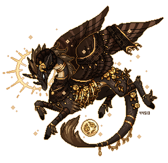 he image showcases a majestic dragon adorned with elaborate gold and black armor and jewelry. its wings are spread wide, and it's captured midflight against a dark backdrop illuminated by stars and a crescent moon. the dragon's design incorporates celestial motifs, including a sunlike emblem above its head. the artwork utilizes a pixel art style and a rich color palette dominated by black, gold, and brown tones.