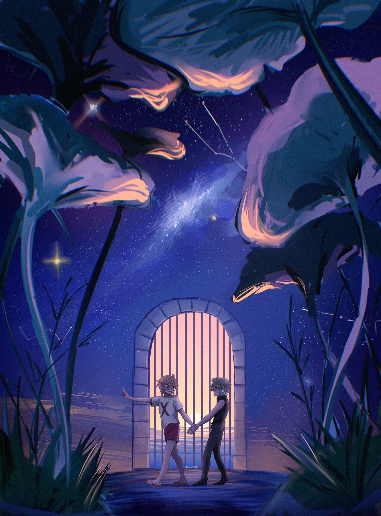 two anime boys are standing in front of a gate, holding hands, under a magical starry night sky with a sunset in the background. the sky is filled with stars and a faint milky way. the boys are silhouetted against the sunset, and the gate is glowing with a warm light. the scene is a beautiful and magical one, suggesting a journey to a new world. the art style is digital and animeinspired.