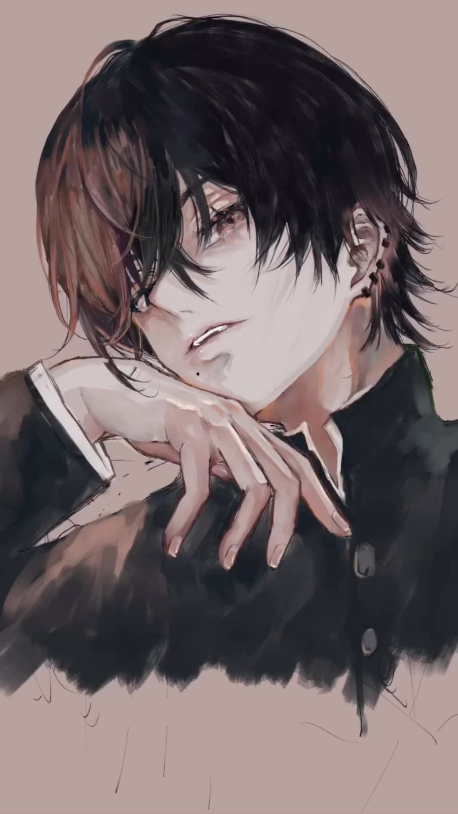 the image is a digital painting or illustration of a young animestyle male character. he has dark hair with a lighter brown section near his face, and he’s wearing what looks like a darkcolored school uniform with buttons.  he has several small piercings visible in his ear. the character's expression is serious and perhaps a little pensive,  his hand resting near his face. the art style is a blend of realistic and stylized elements, with soft lighting and a focus on detail in the hair and skin. the background is a muted gray tone, which helps to draw attention to the figure. the overall mood of the image is mysterious and elegant.