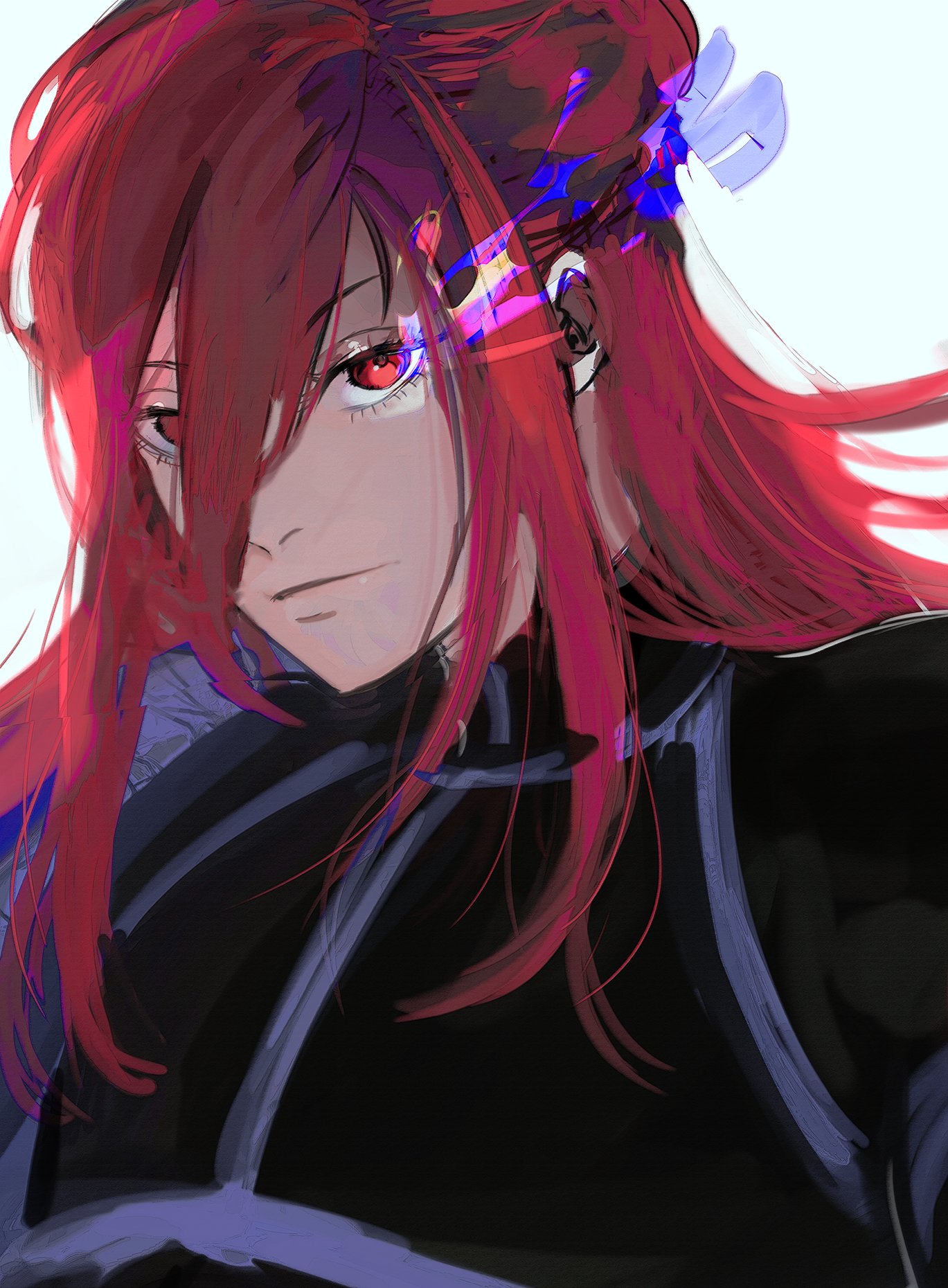 a portrait of a young anime girl with long red hair and red eyes. she is wearing a black shirt with a hint of purple detailing and has a serious look on her face.