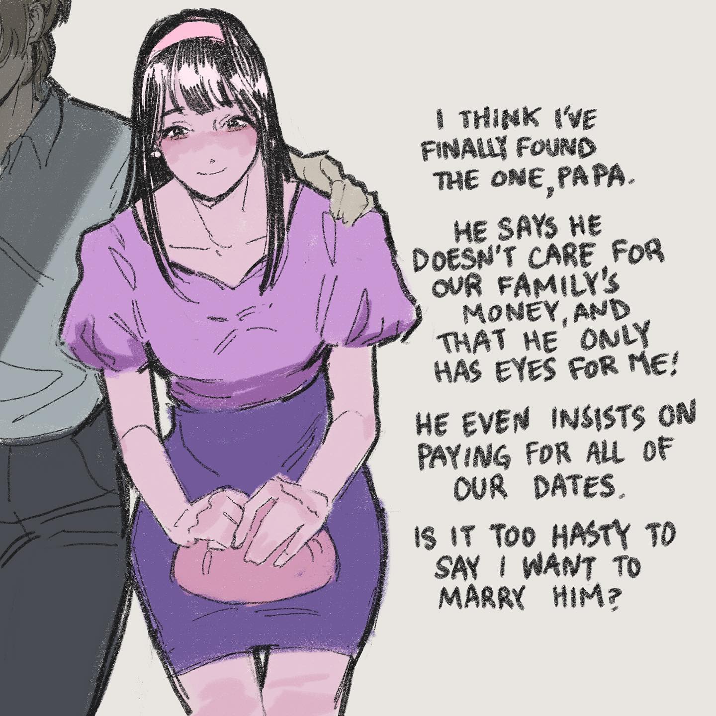 a young woman is speaking to her father. she is telling him about her boyfriend and how he has proposed marriage. she is asking her father if she should accept. he is wearing a brown shirt, she is wearing a lavender dress. she is blushing.