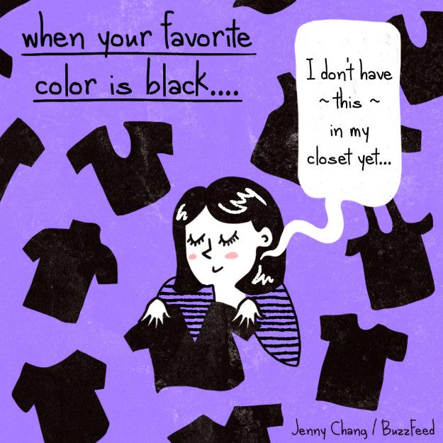 the image is an illustration featuring a woman surrounded by various black tshirts. the text reads "when your favorite color is black". a speech bubble coming from the woman says "i don't have this in my closet yet". the artwork is credited to jenny chang/buzzfeed. the style is cartoonish and playful, with a pastel purple background.