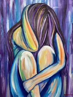 a colorful painting of a woman sitting with her head down and her arms wrapped around her legs. she is painted with vibrant colors of blue, purple, yellow, and orange.  the painting evokes a feeling of sadness and melancholy. the woman's posture and facial expression convey a sense of loneliness and isolation. the brushstrokes are bold and expressive, giving the painting a dynamic and textured quality.