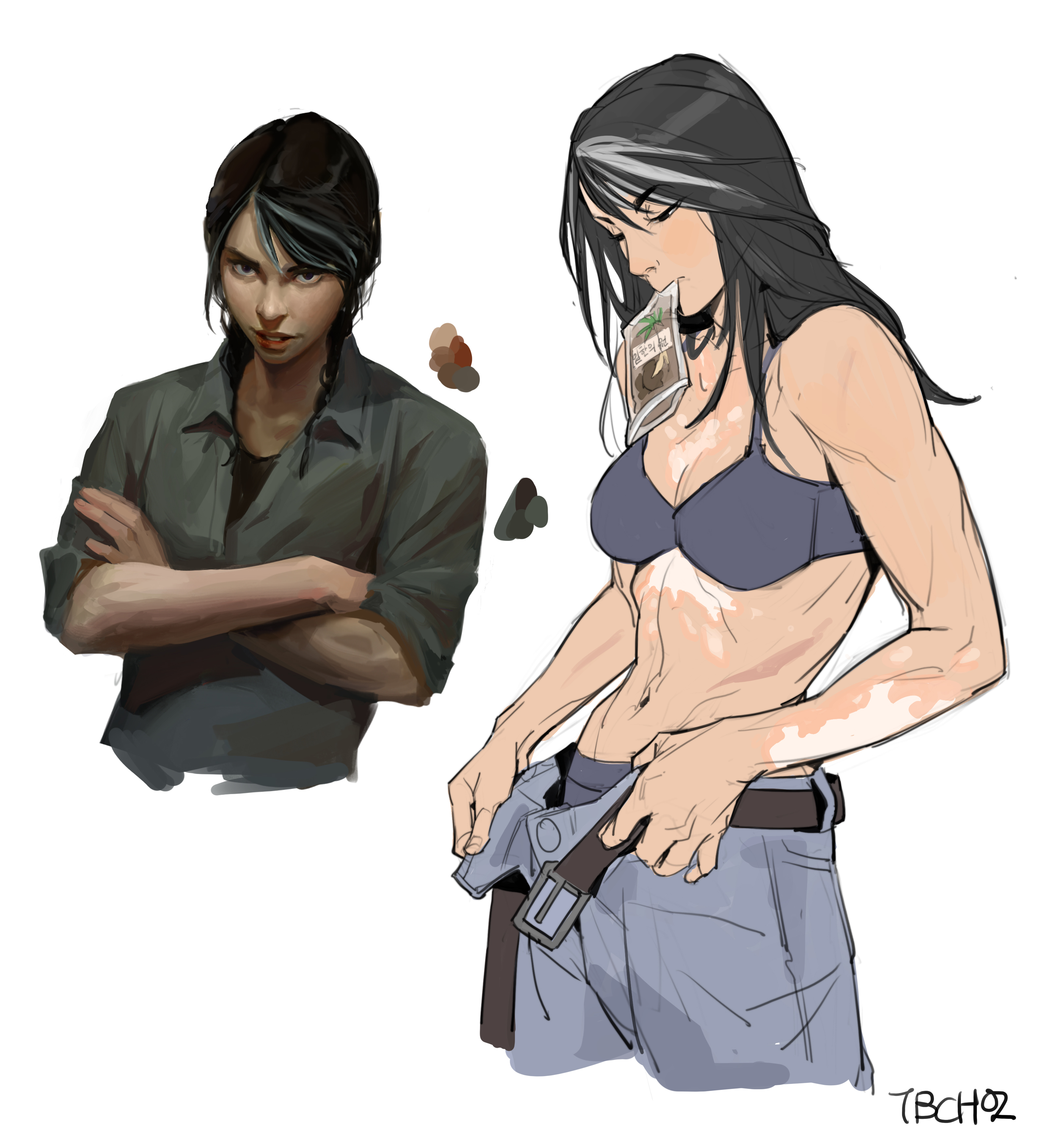 he image showcases a digital painting of a female character design.  it's presented as a twopart illustration. on the left is a more painterly, shaded portrait of a woman with her arms crossed. she has dark hair and appears serious. on the right is a more dynamic illustration of the same character, but in a different style and pose.  this version shows a muscular woman with visible vitiligo, casually pulling on her pants. she is holding a small pouch which appears to contain seeds. there are color palette studies present near the left character.  the style is reminiscent of comic book art or concept art for video games. the overall image suggests a process of character development from initial sketch to a more refined design.