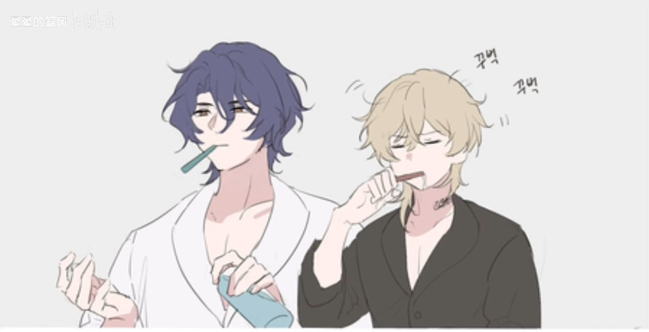 a cartoon image showing two men brushing their teeth. the man on the left has dark hair and is wearing a white bathrobe and holding a bottle of mouthwash. he has a toothbrush in his mouth. the man on the right has light hair and is wearing a black bathrobe and he also has a toothbrush in his mouth.