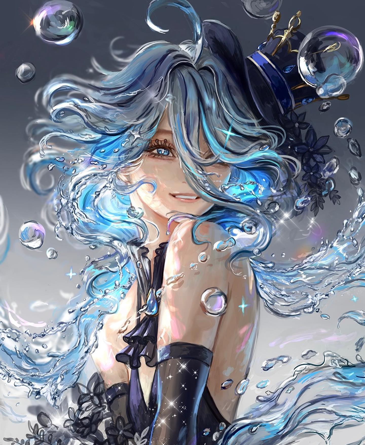the image is a digital painting or illustration of an animestyle female character. she possesses long, flowing blue hair that appears to be interwoven with water or bubbles.  she is wearing a dark, elegant dress with a top hat and what looks like black gloves.  numerous water droplets and bubbles surround her, creating a mystical and ethereal atmosphere. her expression is serene and slightly coy, and her overall appearance is both beautiful and captivating. the art style is highly detailed, with shimmering effects used to highlight the water and the character's attire. the background is a muted gray, making the colorful character and her watery surroundings stand out.