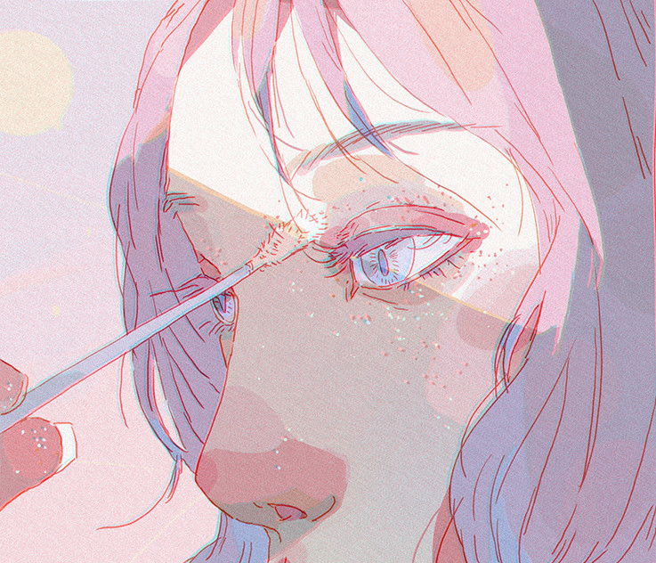 a closeup illustration of an anime girl with pink hair and blue eyes, using a cotton swab on her lower lash line. the girl is looking off to the right of the image, and her expression is dreamy and soft. the image is rendered in a pastel color palette and has a blurry, dreamlike aesthetic.