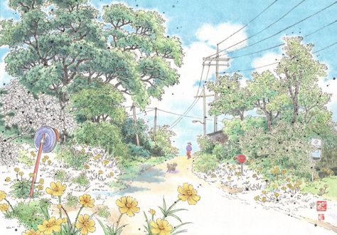 the image is a delicate watercolor painting depicting a tranquil rural scene. a lightcolored dirt path winds through a landscape dotted with lush green trees and vibrant yellow flowers, primarily cosmos.  power lines run along the top of the scene suggesting a slightly suburban or country setting. a person is visible in the distance walking a small dog along the path. the overall mood is serene and peaceful, evoking a feeling of calm and quiet contemplation. the style hints at japanese artistic influences in its light colors and attention to detail. the scene is bathed in soft light, enhancing the tranquil atmosphere.