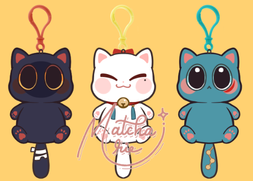 this image shows three cute cat keychain plushies with different color and style. from left to right, the first one is a black cat, the second one is a white cat with a red ribbon on its head, and the last one is a blue cat with a red patch on its face. all three cats are drawn in a cute cartoon style with big eyes and bright colors. they are all smiling and seem happy. they are likely part of a set of collectible keychains.