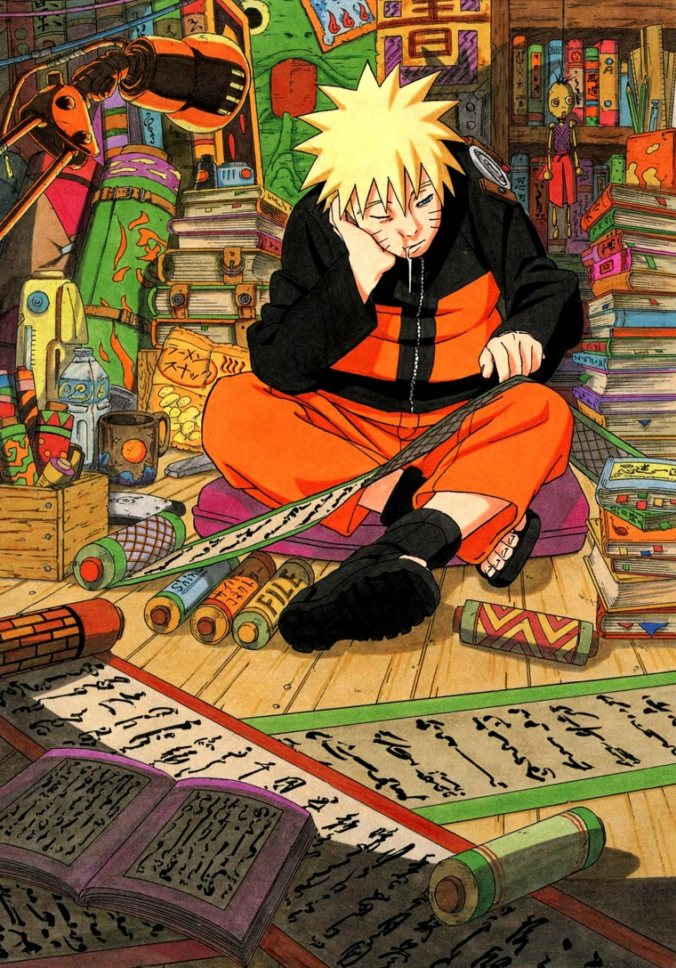 he image depicts a cartoon character, naruto uzumaki, sitting on the floor of a cluttered room. he is surrounded by stacks of books, scrolls, and other items. naruto appears tired and bored, resting his head on his hand while surrounded by his studies. the room is brightly lit, suggesting natural daylight. the scene is viewed from a high angle, providing a wide perspective of the cluttered environment.