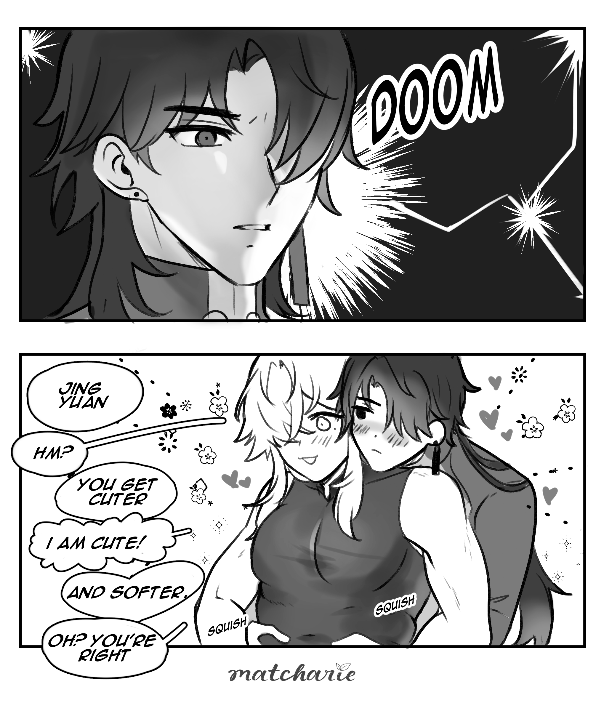 this is a black and white manga illustration. the top panel shows a man with dark hair with a serious expression.  he has a large thought bubble above him with the word "doom" in it. in the bottom panel, the man is now embracing a woman with light hair. the woman is blushing and smiling. there are thought bubbles coming from the woman's mouth that say, "you get cuter," "i am cute," "and softer." there is also a thought bubble near the bottom panel that says "oh? you're right." the background of both panels is filled with hearts and sparkles. the panels are drawn in a black and white style, and the characters are drawn with exaggerated features. the overall tone of the illustration is cute and humorous.
