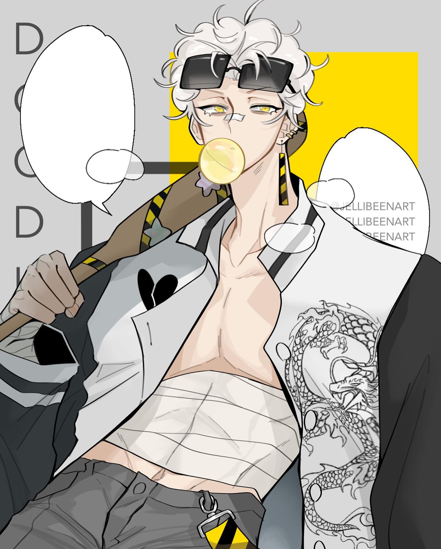 a closeup illustration of a fashionable young man. he has white hair and is wearing sunglasses, jewelry, and a bandage. he also has a dragon tattoo. the image is drawn in a sketchy style with soft lighting. the overall palette is black, white, and gray, with pops of yellow.