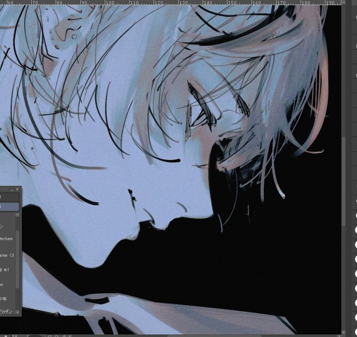 the image is a digital drawing or painting of an animestyle male character. the character is depicted in a closeup, side profile view, with their head tilted downwards. their hair is a mix of blue and gray tones, styled in a somewhat messy and flowing manner. the coloring is muted and predominantly cooltoned, creating a dark, moody atmosphere. the character's expression is subtle, perhaps conveying sadness or pensiveness. the art style is expressive and loose, with visible brushstrokes and texture, giving it a somewhat painterly feel.  a portion of a digital art software interface is visible in the upper left corner.