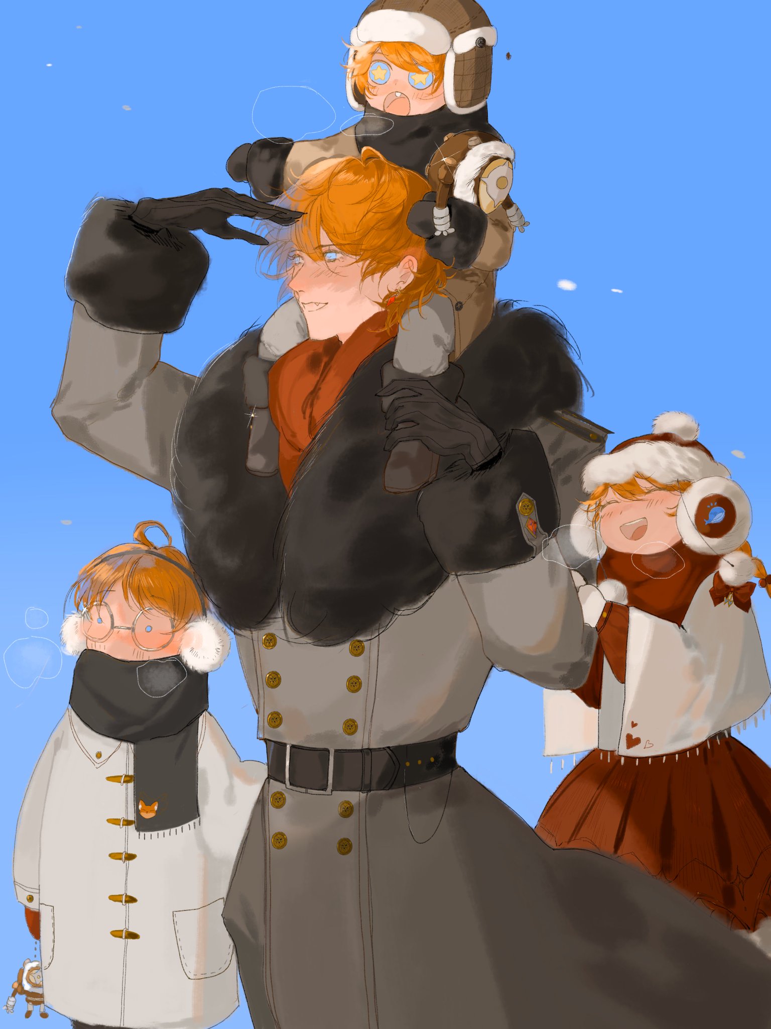 this image is a digital illustration of four cartoon characters in a winter scene. three of them are children. one of the children is wearing a grey coat and a big fur scarf. she is holding a small boy in a brown coat on her shoulders. the boy has a shocked expression on his face. the girl has a bright smile on her face and is looking at a small girl in a white dress and a brown scarf and a white hat with a fur pompom. the small girl is standing to the left and looking at the girl with a big smile on her face.  the sky is a light blue and there are snowflakes in the air. the illustration is done in a very stylized and animelike style.