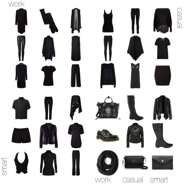 the image displays a collection of black clothing items categorized into work, casual, and smart styles. it showcases various tops, bottoms, dresses, jackets, shoes, and accessories, including bags, leggings, skirts, shorts, sweaters, cardigans, vests, turtlenecks, tshirts, blouses, pants, boots, scarves, and wallets. the items are arranged in a grid to visually represent how they can be used to create different types of outfits.