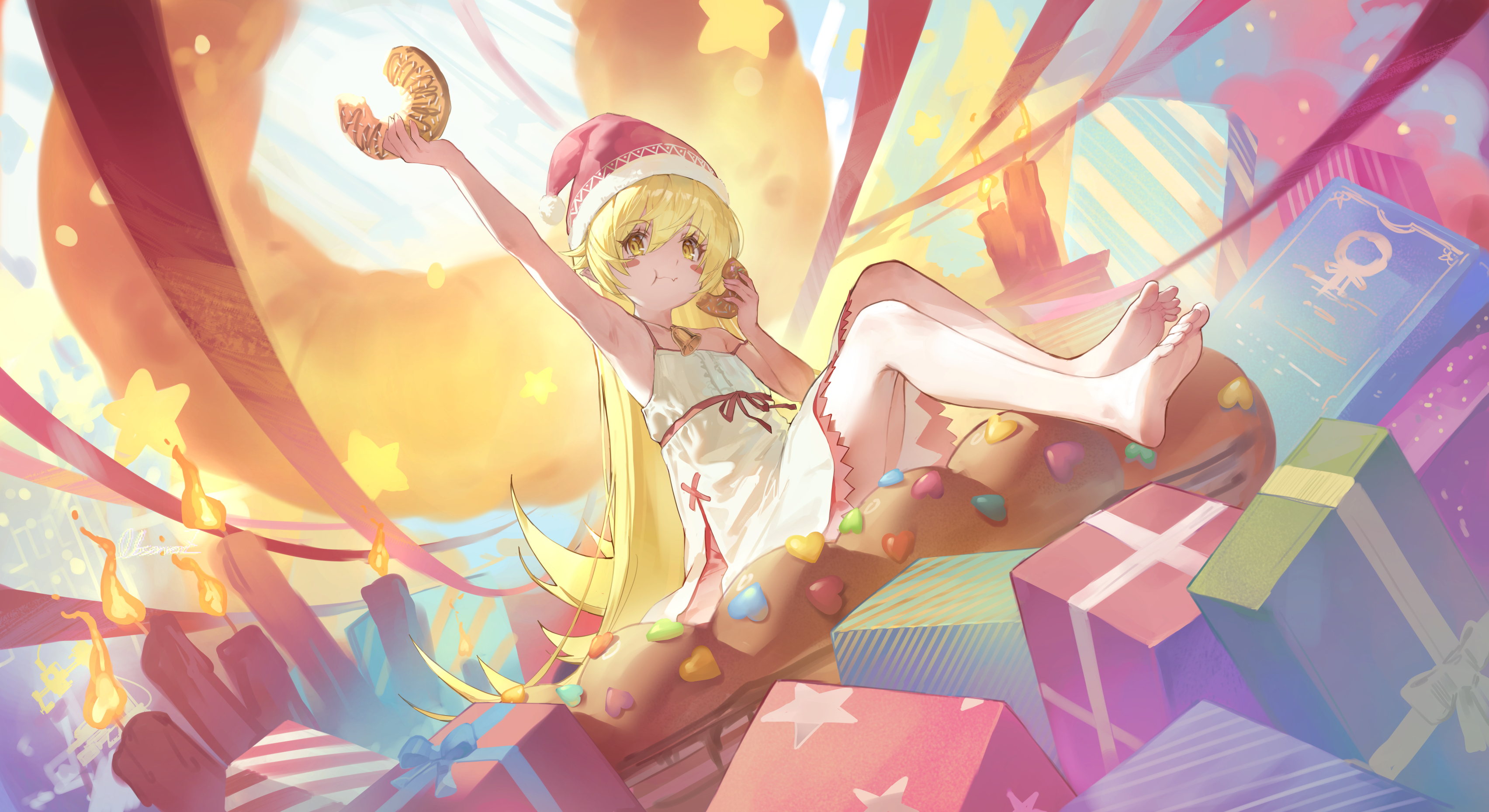 the image is a vibrant digital painting of an animestyle girl with long blonde hair wearing a santa hat and a white dress. she is sitting on a large, colorful cookie surrounded by a pile of presents and gift boxes.  the scene is set in a whimsical, magical environment with pastel colors and floating elements. the overall mood is one of joy and celebration, suggestive of a christmas or holiday setting.  the style is soft and dreamy, with a focus on bright colors and cute character design.