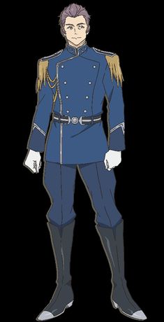 a male anime character in a blue military uniform with gold accents is standing against a black background. he has short purple hair and a serious expression. he is wearing black boots and gloves, and his uniform has a high collar and gold buttons.
