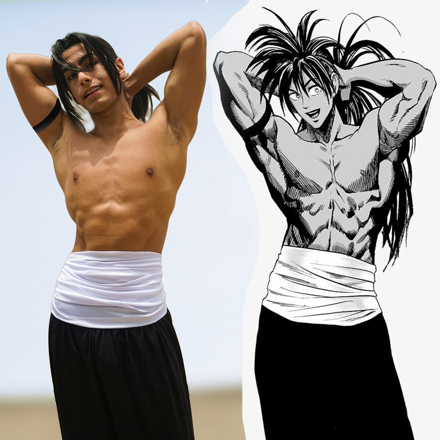the image features a sidebyside comparison of a real person cosplaying as the character kenshiro from the anime and manga series "fist of the north star."  the cosplayer, a young man with long black hair, replicates kenshiro's signature pose, showcasing his muscular physique. he wears a white waist wrap and black pants, just like the character. the right side of the image presents a black and white manga illustration of kenshiro in the same pose, allowing for a direct comparison between the cosplay and the source material. the cosplayer's resemblance to the character is striking, highlighting the dedication and accuracy of the cosplay.