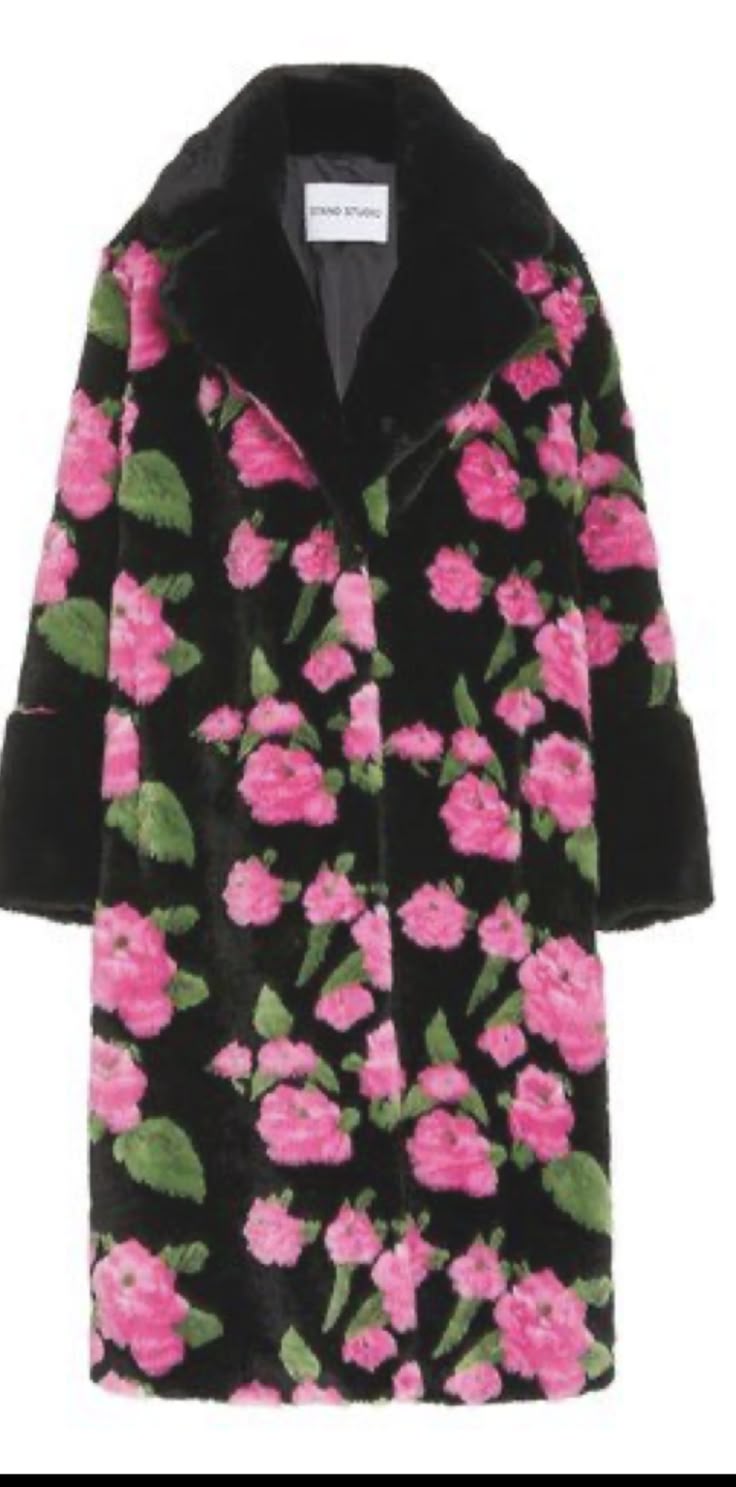 the image shows a black fur coat with a vibrant pink rose pattern and green leaves. the coat features a black fur collar and cuffs, contrasting against the floral design. it's a stylish and statement piece suitable for cold weather.