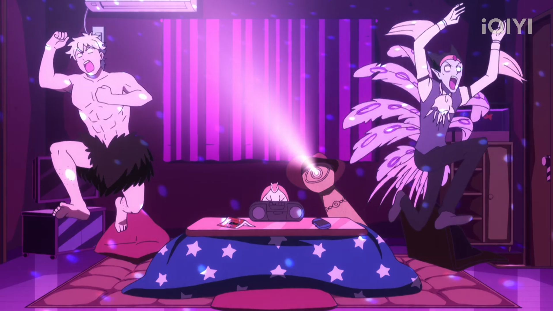 the image showcases two animated male characters reveling in a vibrant party atmosphere. the room is awash in a pink and purple glow, emanating from a spotlight directed at the characters and creating a sense of joyous energy.  one character, barechested and wearing a simple loincloth, throws his arms in the air with unrestrained enthusiasm. the other, sporting an extravagant outfit with a feathered headdress, mirrors this exuberance with a dynamic midair pose.  a low table draped in a blue and white starpatterned blanket anchors the scene, hinting at the casual, comfortable setting. atop the table sits a boombox, suggesting music is fueling their lively celebration. the overall impression is one of carefree fun and vibrant camaraderie.