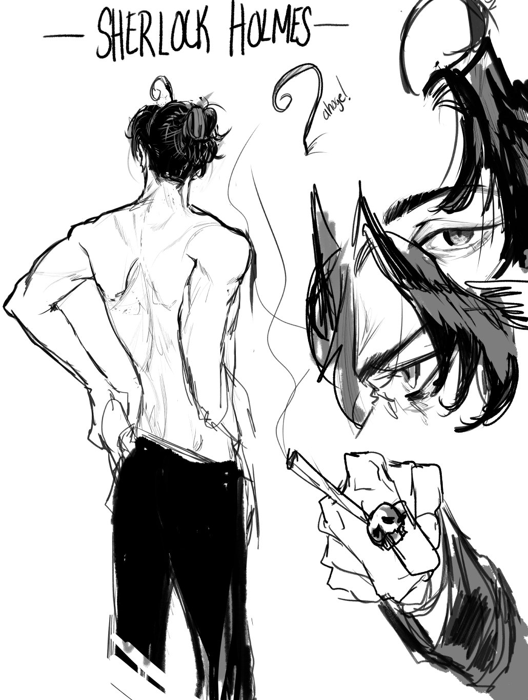 a sketch of two different perspectives of sherlock holmes. on the left side, a backview of a man, presumably sherlock holmes, is looking to the right, with his arms resting by his sides. on the right side, a sideview of sherlock holmes is depicted holding a pipe.  the right side is sketchier, with a "whimsical" feel, while the left side is more detailed.