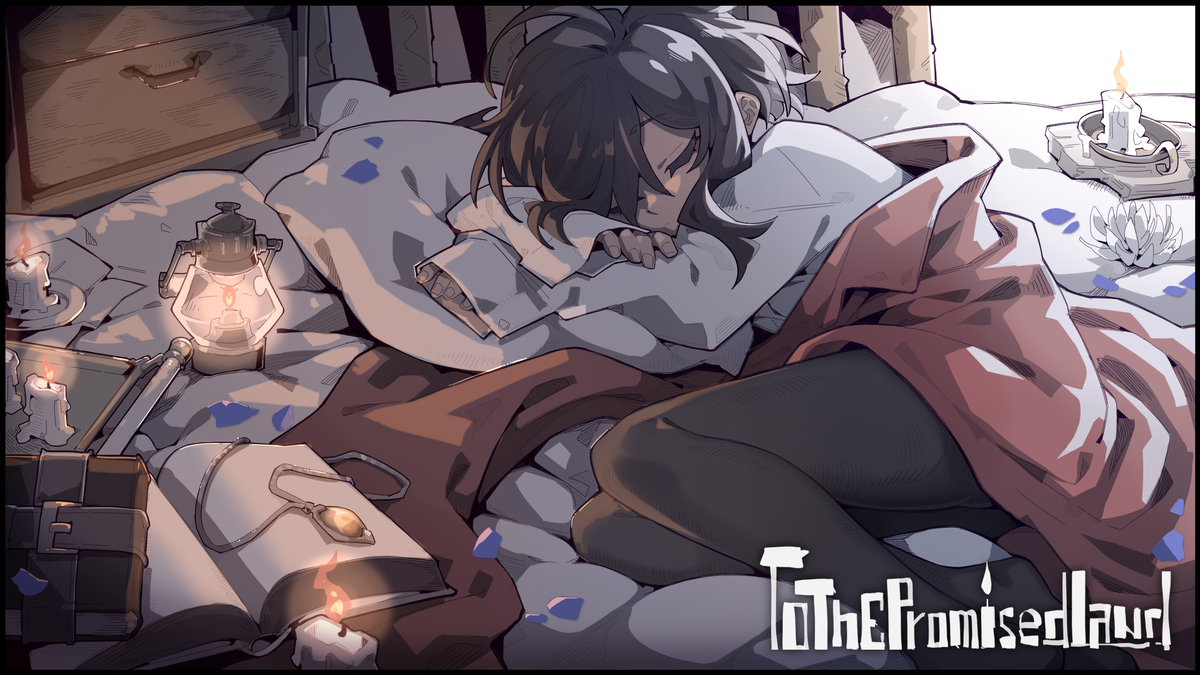 an anime style drawing of a person sleeping in a bed. there is a lit lantern and several lit candles around the bed. flower petals are scattered across the bed. a book with a necklace and a closed box are also on the bed. text at the bottom says "to the promised land".