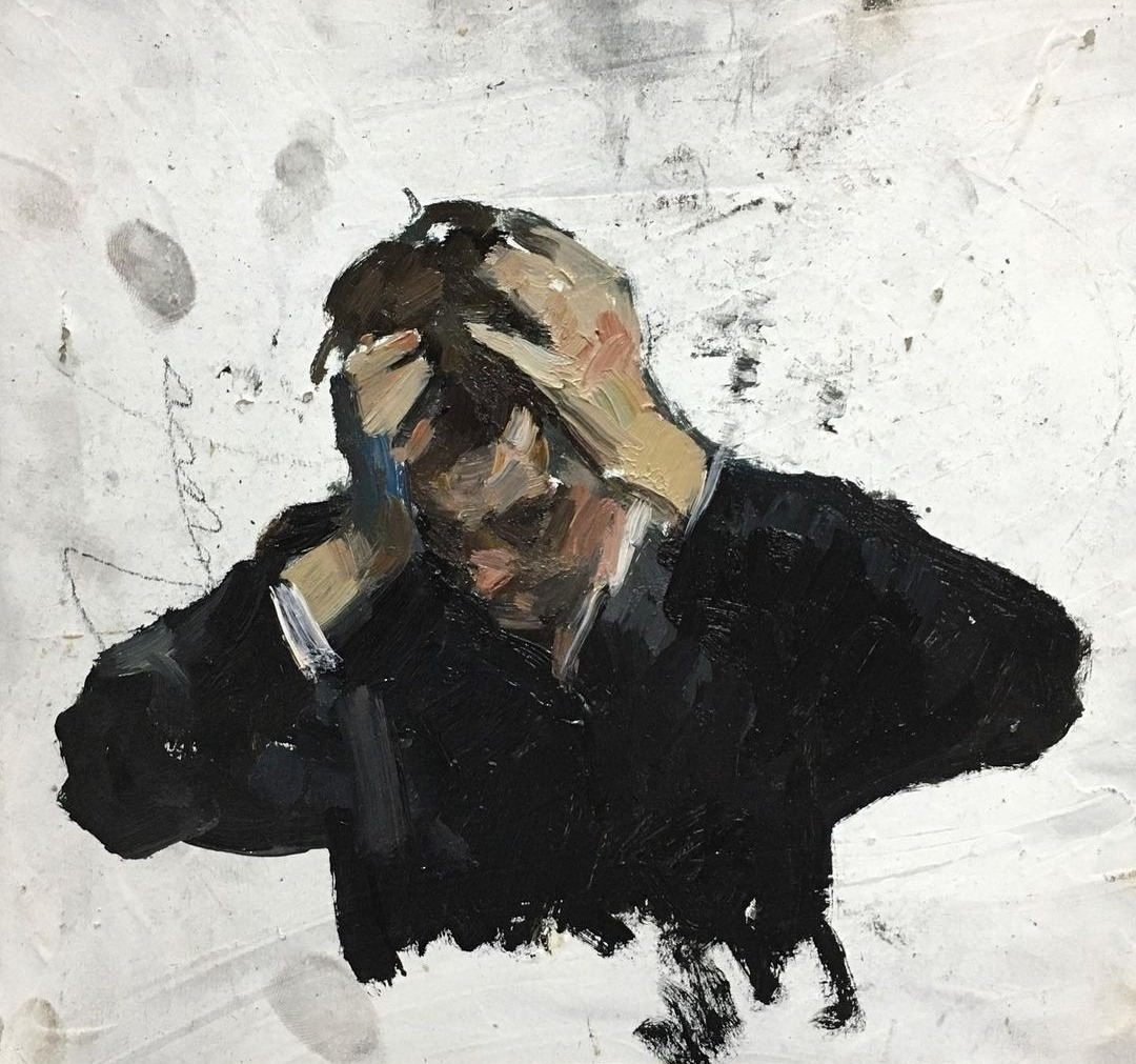 the image is a painting of a man with his hands on his head.  he appears to be in distress.  the background is a muted white with streaks of grey. the painting is done in a loose, expressionistic style with visible brushstrokes.