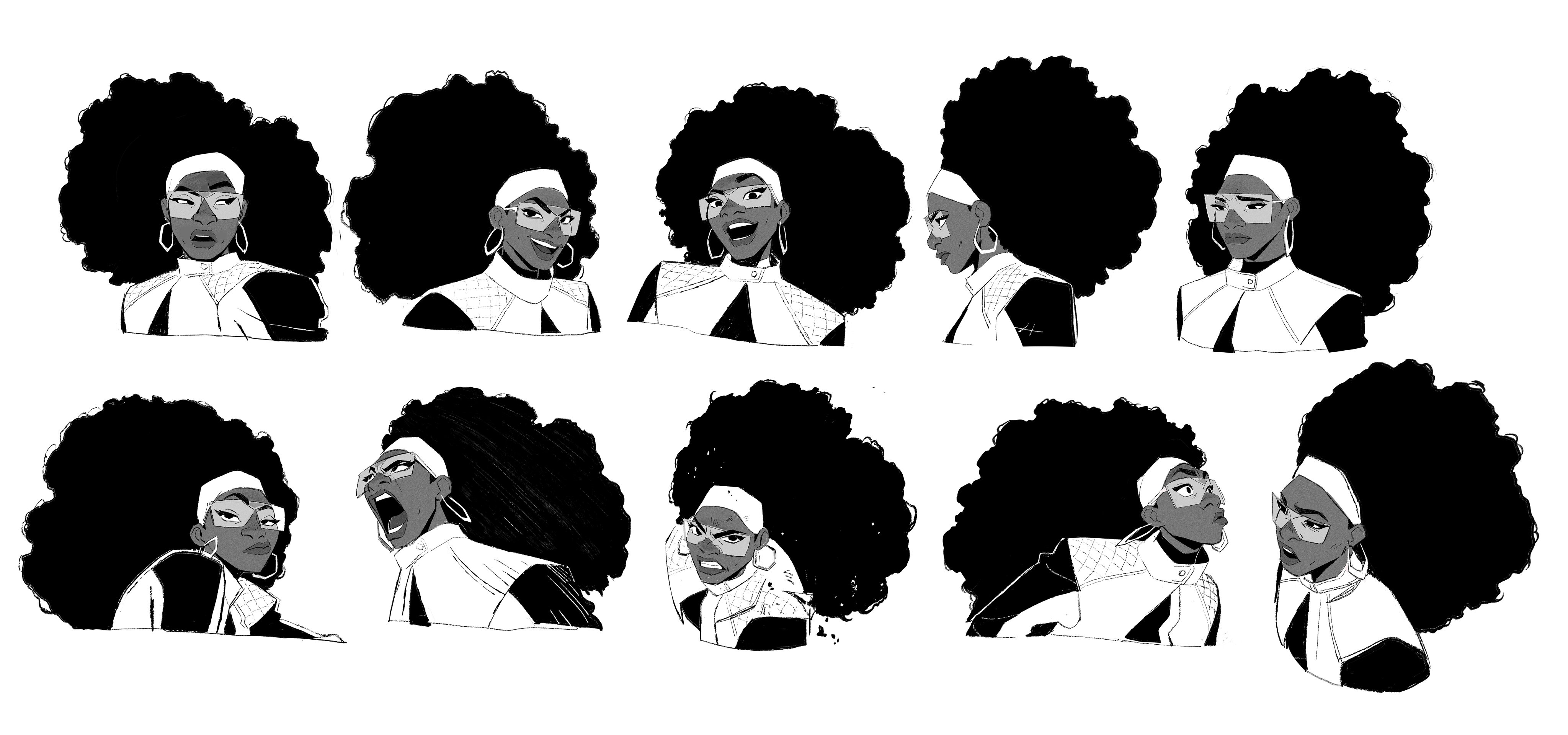 a black and white illustration of a black woman with an afro wearing glasses and a leather jacket. she is drawn in various poses and expressions, appearing to be a character design for an animated film. the art style is semirealistic.