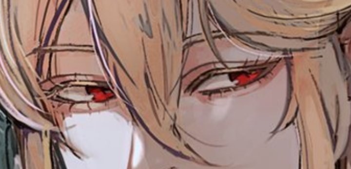 closeup of an anime character's face with a sad expression. he has blond hair and red eyes.