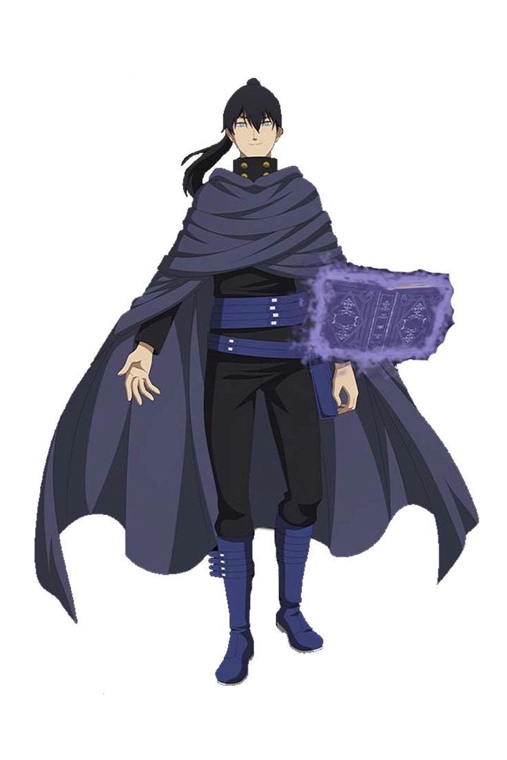 this is an animestyle illustration of a male character with black hair wearing a purple cloak and holding a glowing book. he is standing with his side facing the viewer and is set against a white background. he is likely a magic user in the fictional world of the anime.