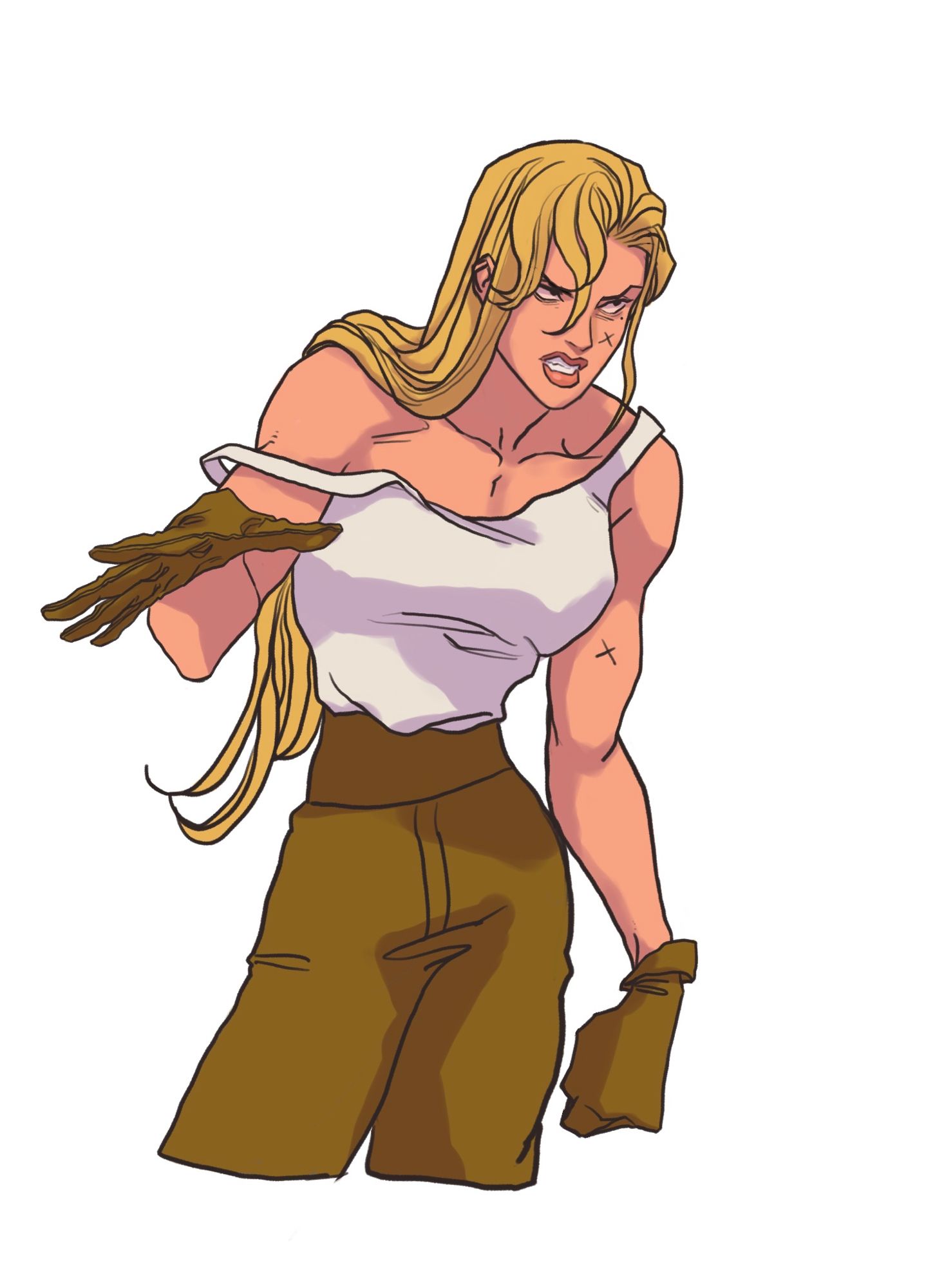 a comic book style illustration of an angrylooking woman with blonde hair wearing a white tank top, brown pants, and gloves.