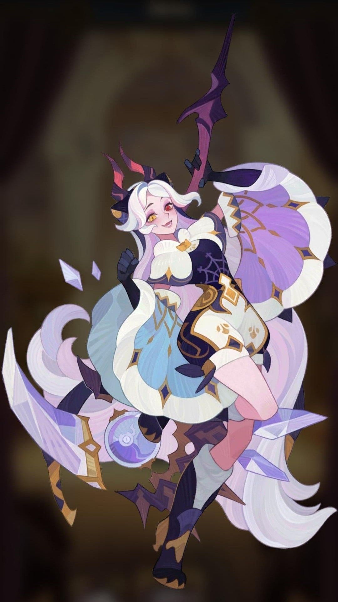 the image showcases ganyu, a popular female character from the video game genshin impact. she is depicted in her signature outfit, a white and blue dress adorned with gold accents, and sporting long white hair with black horns. she holds her signature bow, which has a crescent moon design, aloft in her right hand. her playful pose and cheerful expression are highlighted against a dark, blurred background. the art style is characteristic of anime and features vibrant colors, intricate details, and a dynamic composition.