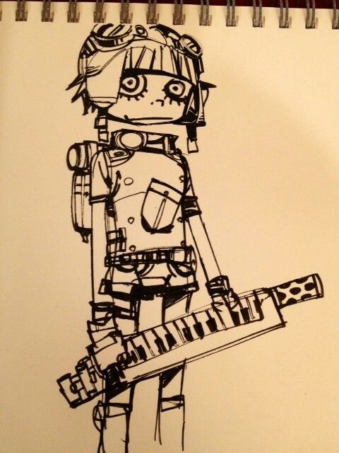 a black and white line drawing of a female character with goggles holding a futuristic synth or keyboard instrument. the character has large eyes and a small mouth, with the design of the character suggesting a punk or rock style.
