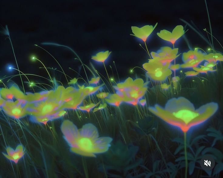 a field of glowing flowers at night, with a dreamlike and ethereal quality. the flowers are predominantly yellow and green, and the scene has a dark and fantasylike ambiance.