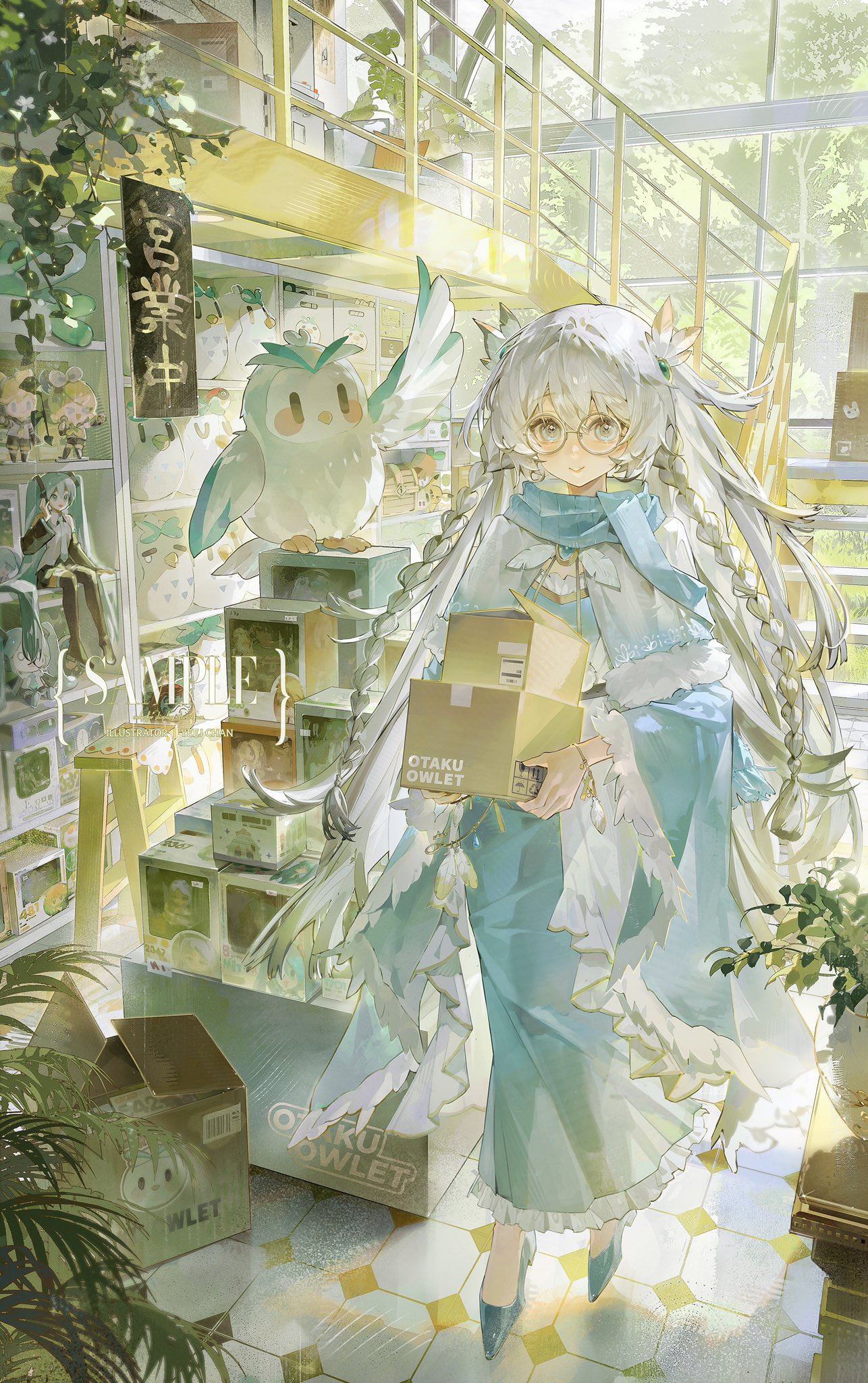 the image is a digital illustration of a cute anime girl with long white hair and glasses. she is wearing a long, flowing teal dress and holding several boxes, possibly packages from a shop called "otaku owlet". she is standing in a bright, sunny shop filled with shelves of merchandise and plants.  an adorable owl plush is visible on a shelf nearby. the overall style is pastel and whimsical.
