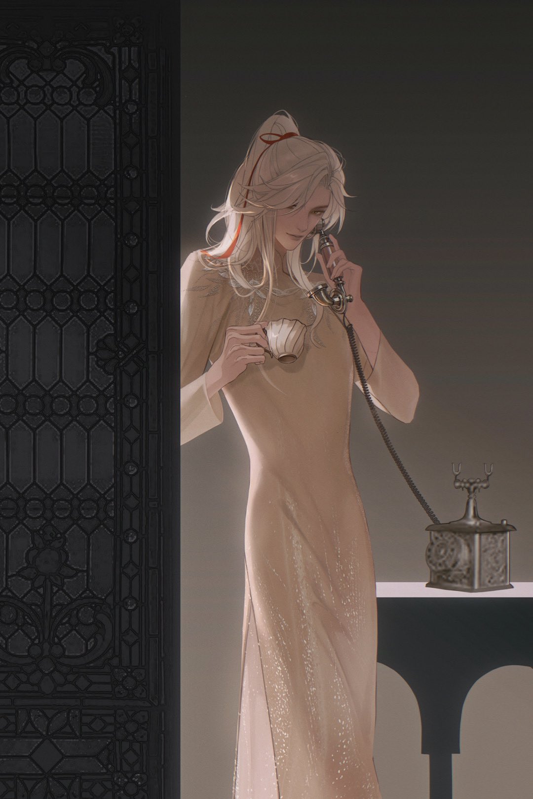 this is a digital illustration of a young anime woman with long blonde hair wearing a white dress while on the phone holding a teacup. she looks down and has an elegant and stylish look. the background is a blurry, neutral colored, modern interior.