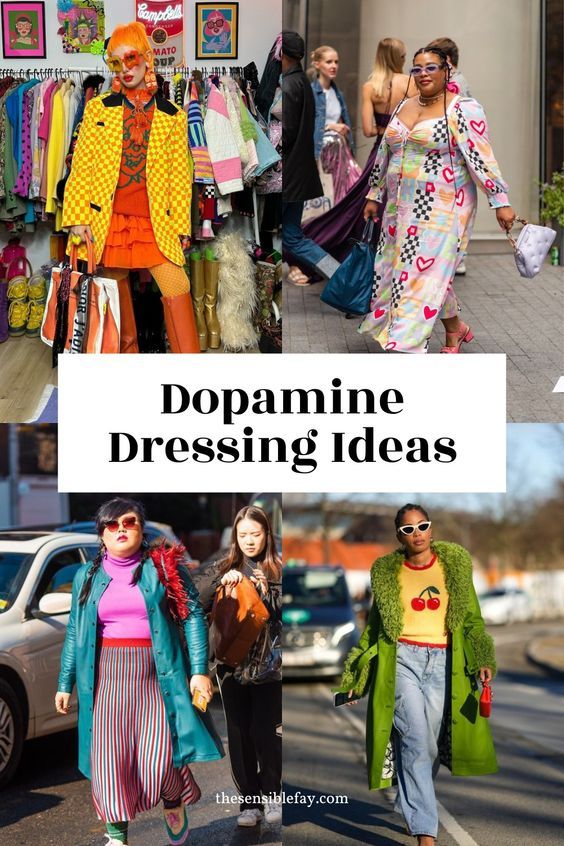 the image showcases a collage of four different outfits that exemplify the "dopamine dressing" trend, which emphasizes wearing clothing that boosts mood and happiness through vibrant colors and unique styles. the top left features a model in an orange dress with a checkered yellow coat and orange boots, surrounded by colorful vintage clothing. the top right shows a woman in a long, multicolored patterned dress with hearts and checkered designs. the bottom left presents a woman in a pink turtleneck, striped pants, and a teal leather coat with a fur collar. the bottom right features a woman in a yellow cherrythemed sweater, light blue jeans, and a green furcollared coat. the overall aesthetic is bold, expressive, and aimed at creating a cheerful and confident appearance.